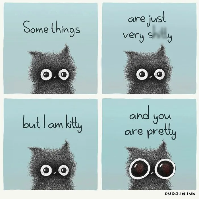 A charming comic illustration of a cat talking about shyness and beauty. The artist perfectly captures the essence of cats.
