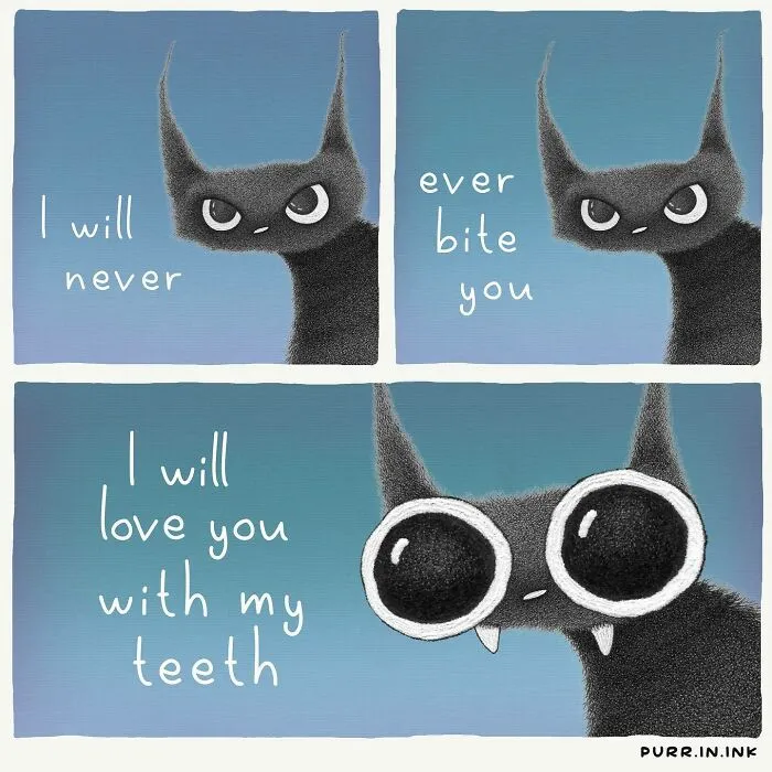 An adorable comic illustration of a cat declaring love with teeth. The artist perfectly captures the essence of cats.