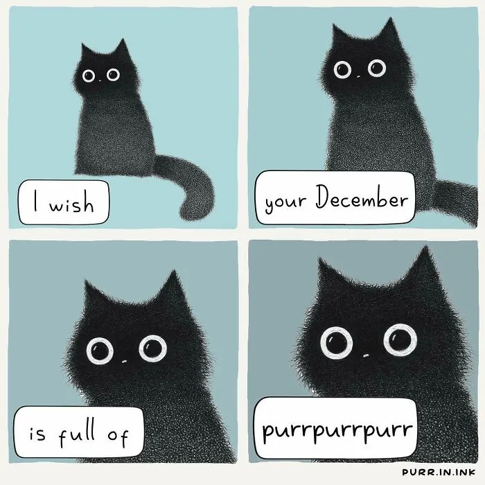 Artist's cat illustrations: A four-panel illustration of a black cat wishing purrpurrpurr for December, capturing the essence of cats.