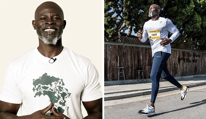 Man in a white t-shirt smiling; same man running on a street, showcasing active older men.
