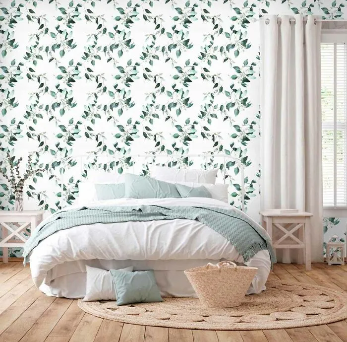 Boho Green And White Floral Wallpaper