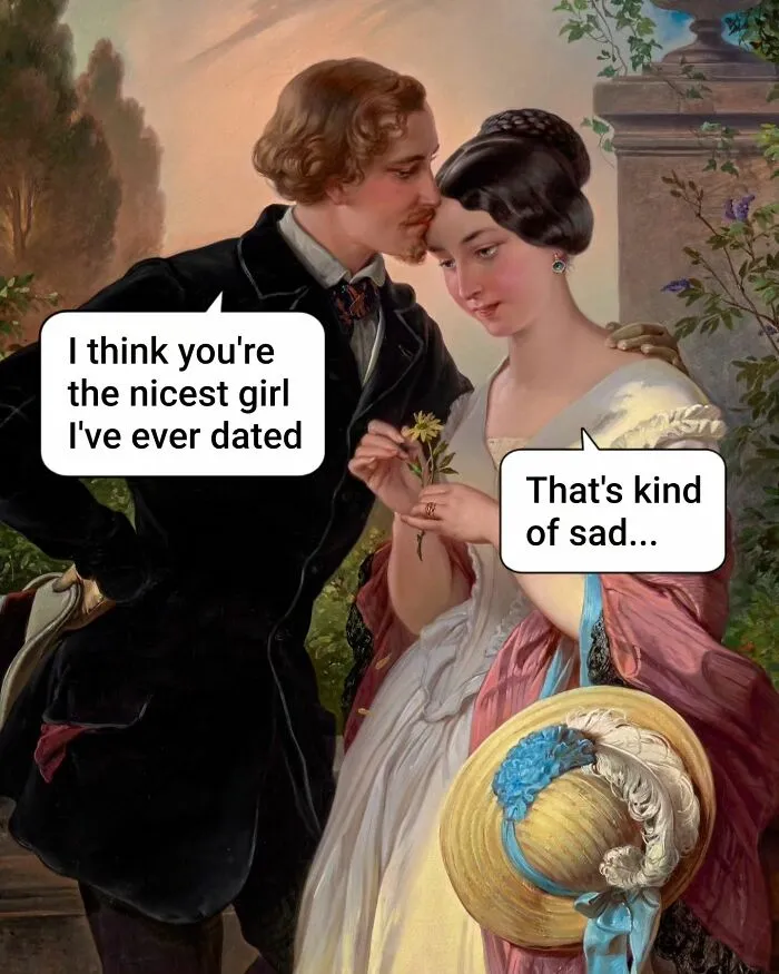 A historical painting of a man kissing a woman's forehead, with a speech bubble about being the nicest girl in funny art memes.