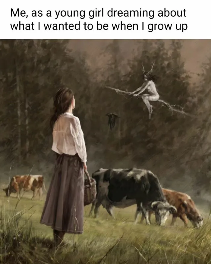 Funny art memes: Young girl in a field with cows, looking at a whimsical figure in a tree.