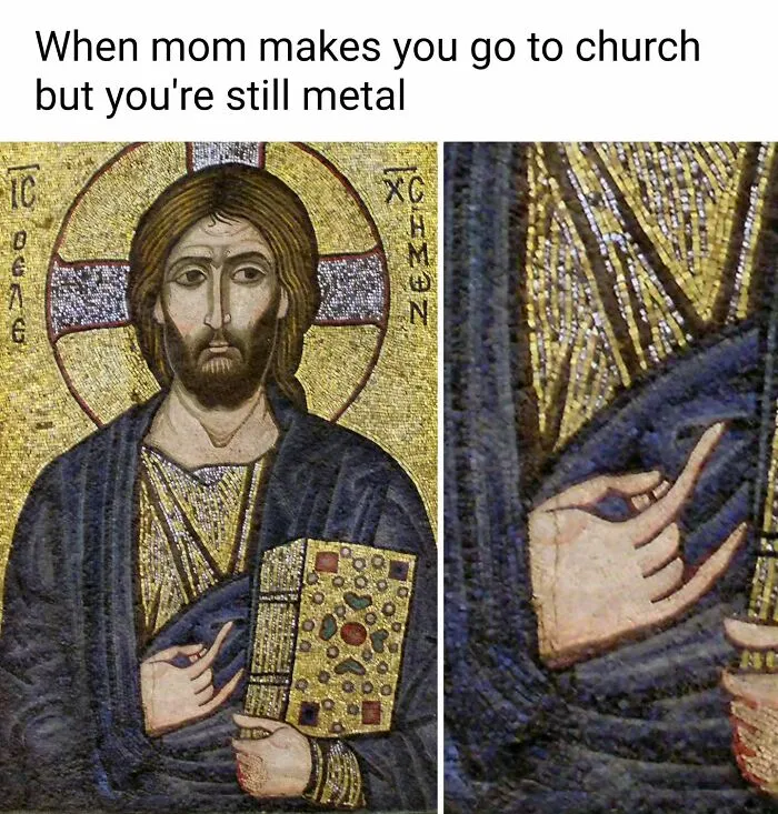 A Byzantine mosaic of Jesus with one hand making a metal sign, humorously depicting art memes.