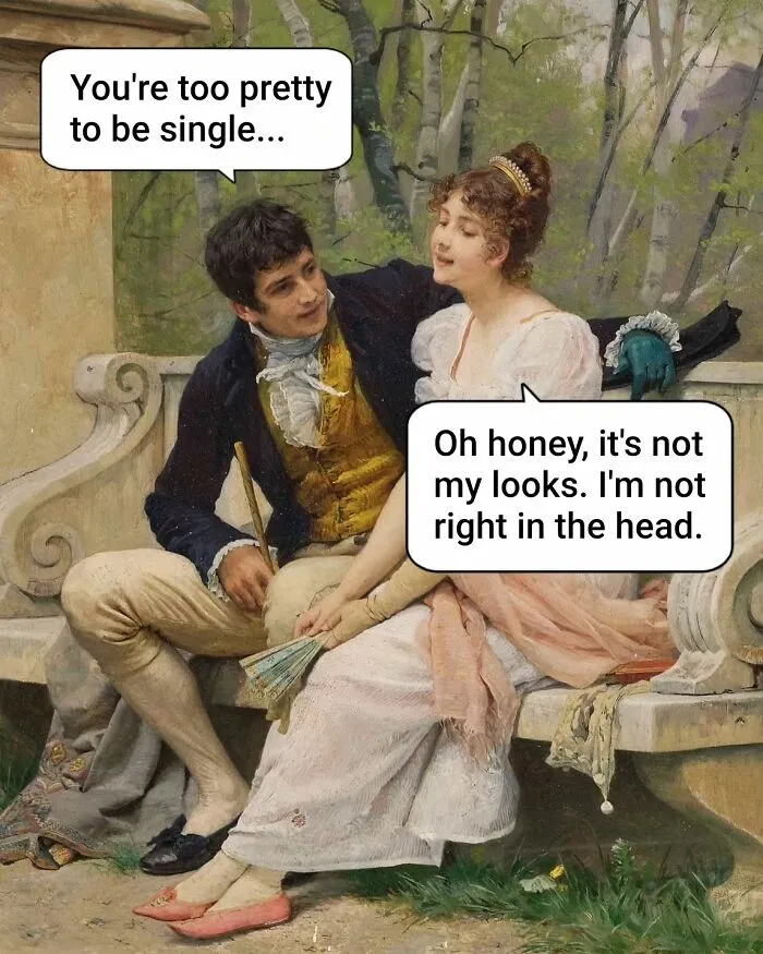 A man and woman on a bench in a classic painting, used as a funny art meme about being single.