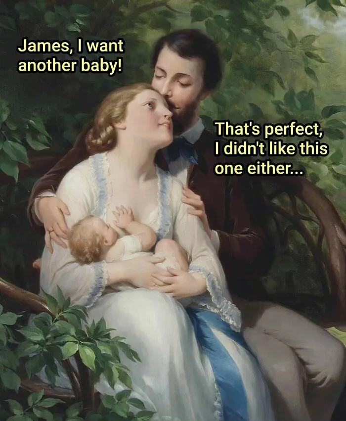A couple with a baby in a classic painting, depicted as a funny art meme about having more children.