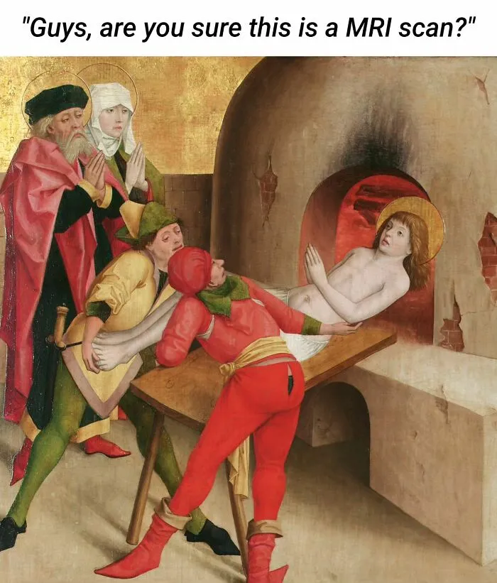 A classic painting transformed into a funny art meme showing a person being pushed into a furnace.