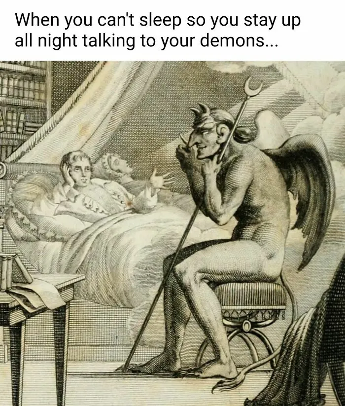Funny art meme featuring a person in bed talking to a demon, representing staying up all night.