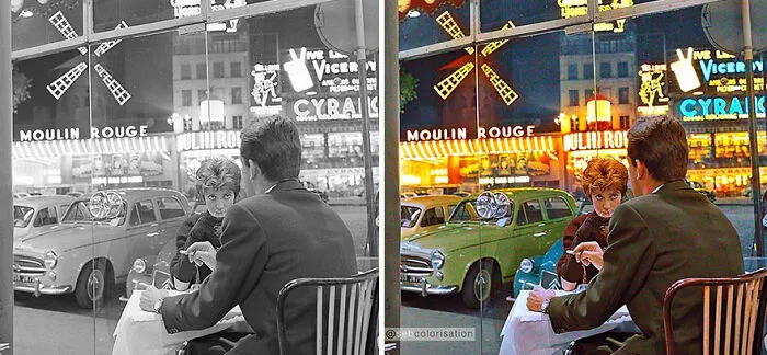 Having A Drink In A Bar In Front Of The Moulin Rouge, Paris, Photographed In 1960