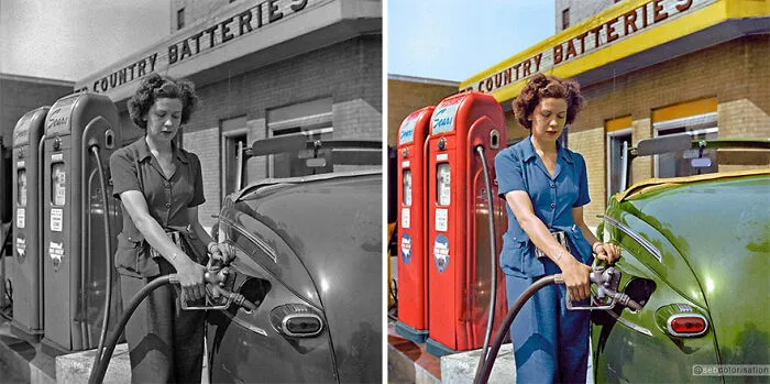 "Virginia Lively Used To Be A Beauty Operator. Today She Works At A Filling Station." Louisville, Kentucky,  June 1943