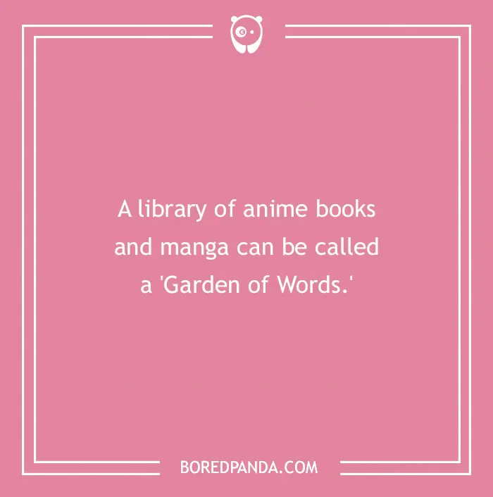 An anime pun about anime books and manga, reading: A library of anime books and manga can be called a 'Garden of Words.'
