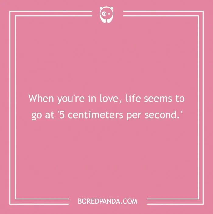 An anime pun about love feeling like it goes at 5 centimeters per second on a pink background.