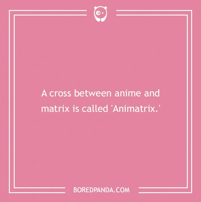A humorous anime pun stating that a cross between anime and matrix is called Animatirox.