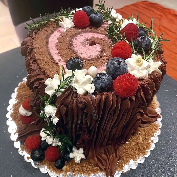 Homemade Chocolate And Raspberry Christmas Trunk Cake