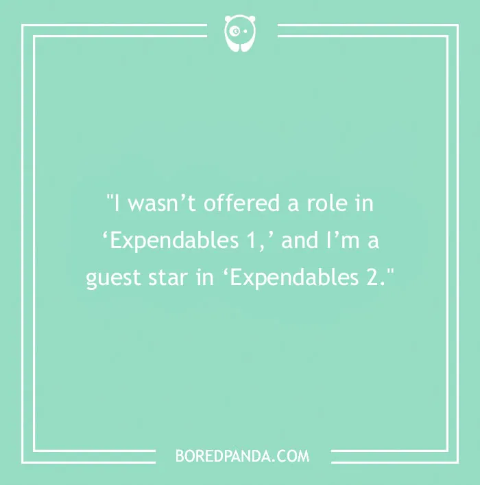 Chuck Norris quote about his role in 'Expendables 2' on a mint green background.