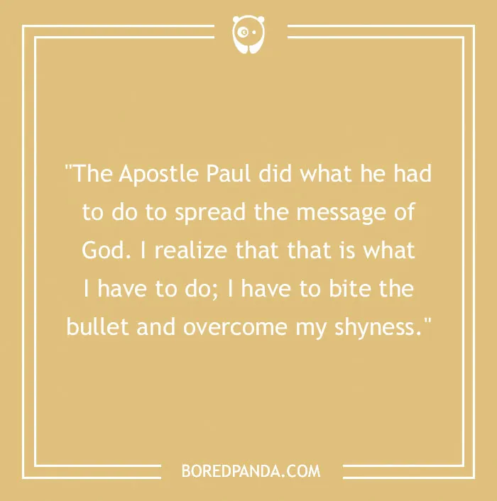 Inspirational quote about overcoming shyness on a yellow background with a decorative border.