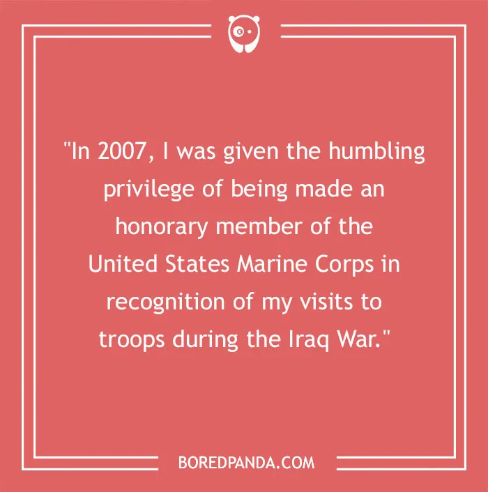Chuck Norris quote on being an honorary US Marine Corps member for visits during Iraq War, dated 2007.