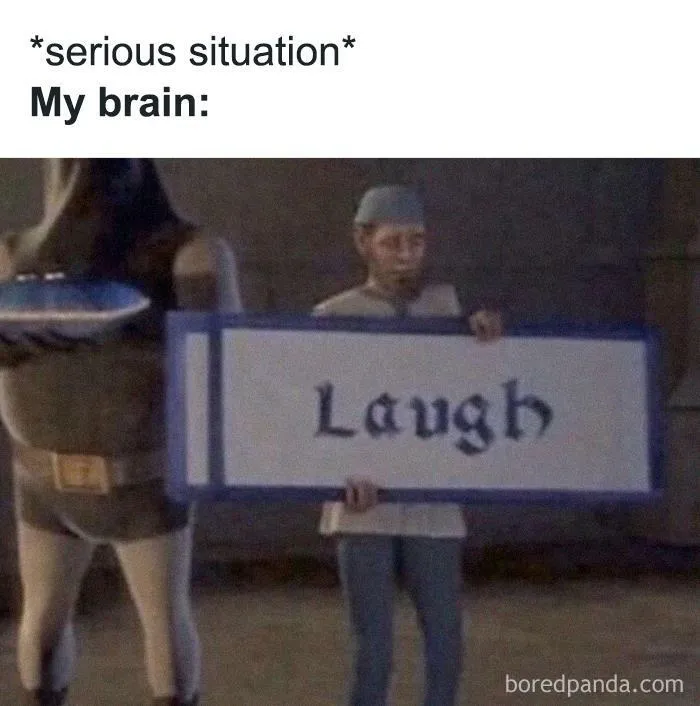 A meme showing a medieval character holding a sign that says "Laugh" in a serious situation, humorously relatable.