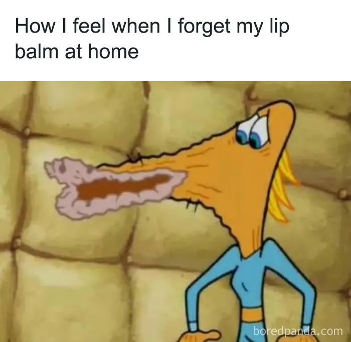 Cartoon character with dry lips, humorously relatable meme from a Facebook page about forgetting lip balm.