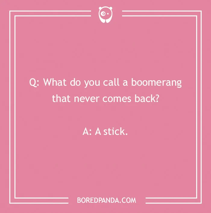 A cringe joke asking what to call a boomerang that never comes back: A stick, on a pink background with a white border.