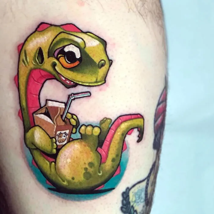Colorful dinosaur tattoo holding a milk carton, showcasing a creative and perfectly executed dinosaur tattoo idea.