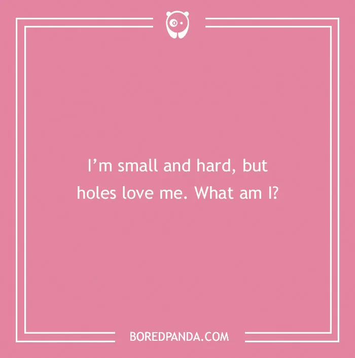 Pink background with text riddle: "I'm small and hard, but holes love me. What am I?" from Bored Panda, related to dirty riddles.