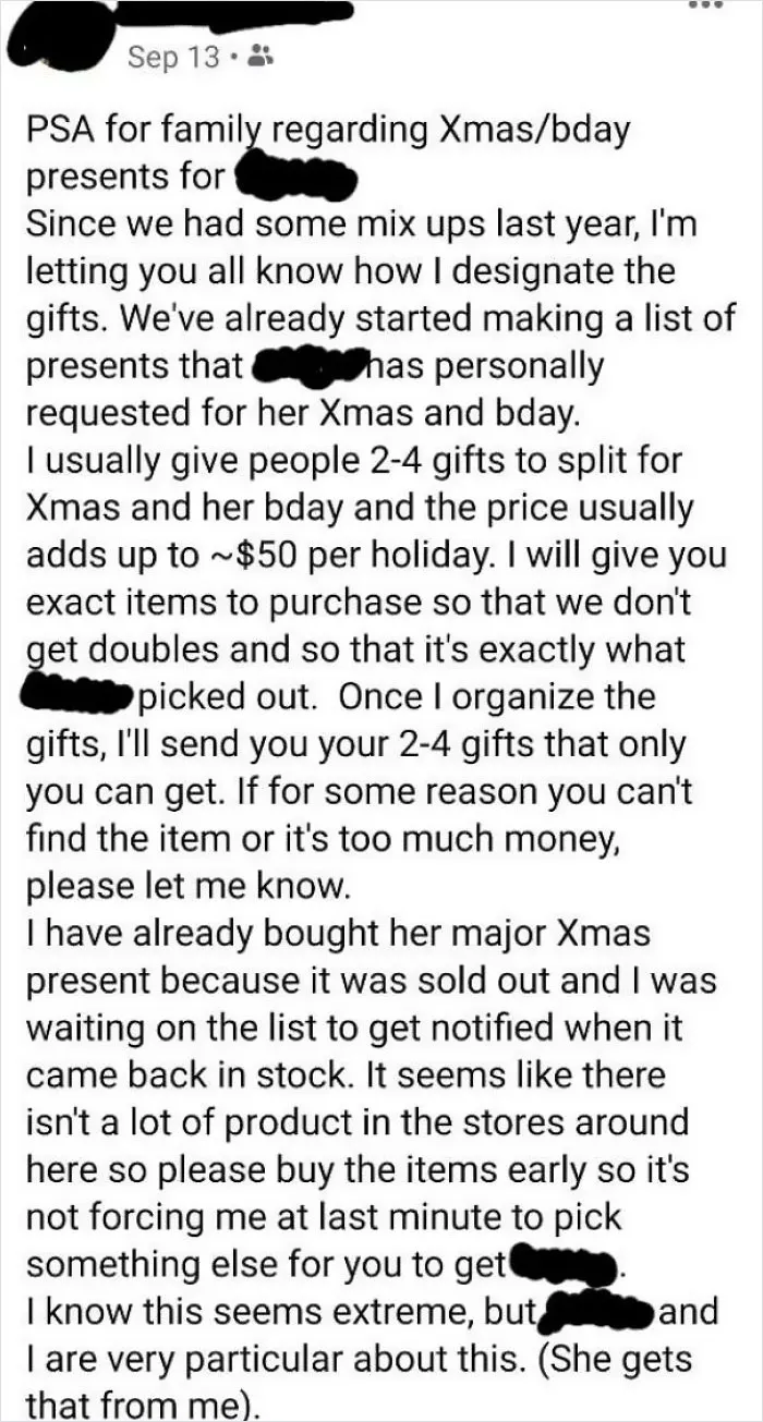 Mother Demands You Only Buy Specific Gifts For Birthday And Holiday. For Context, The Child Is Like 4 Years Old