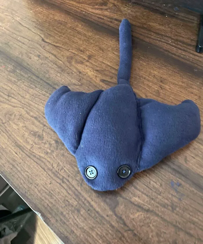 My Son Wanted A Stuffed Manta Ray For His 5th Birthday But I Didn’t Have Money To Buy One, So Instead I Converted His Old Baby Blanket Into One (Sewn By Hand)