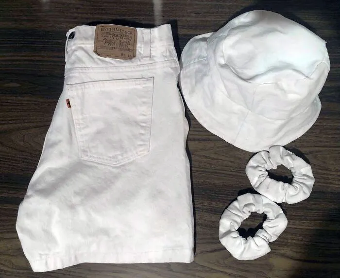 Turned Damaged Vintage Levi's Jeans Into Shorts, Hat, And Scrunchies
