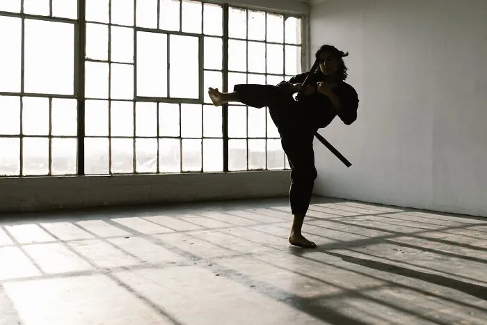 A person in a black gi performing a high kick, symbolizing the unconventional or horrible resumes.