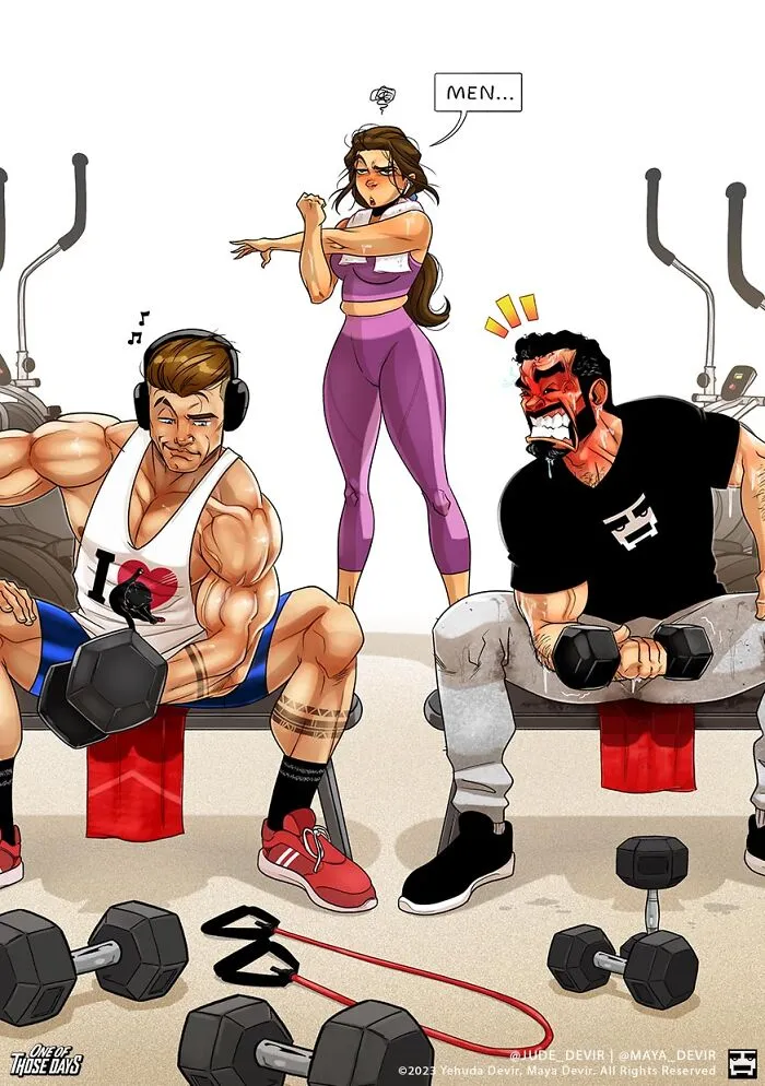 Woman frustrated with men working out at gym in parenting comic