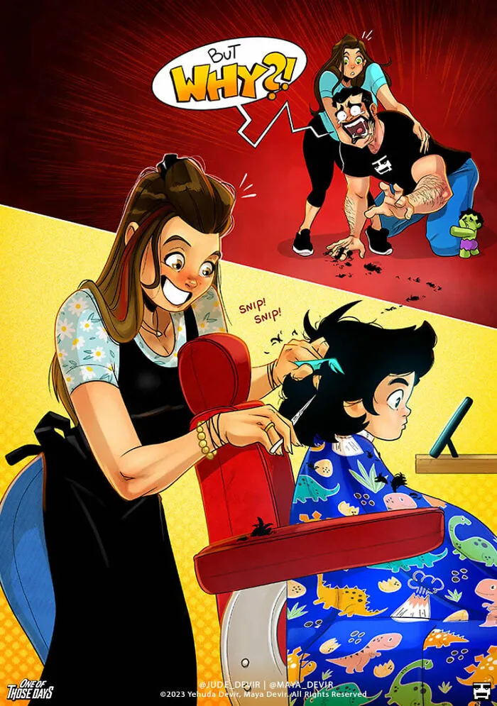 Mom cutting son's hair with dad panicking in honest parenting comic