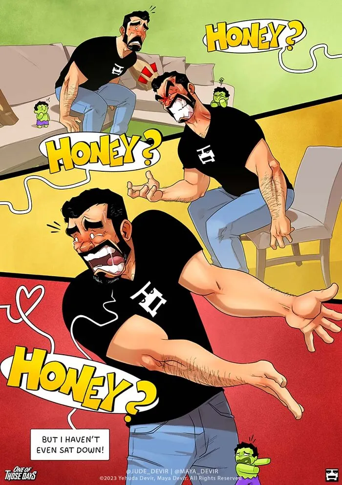 Parent comic of father calling for wife while overwhelmed at home