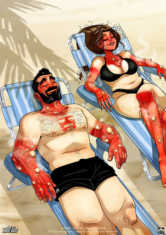 Parents relaxing with severe sunburns on beach chairs in parenting comics