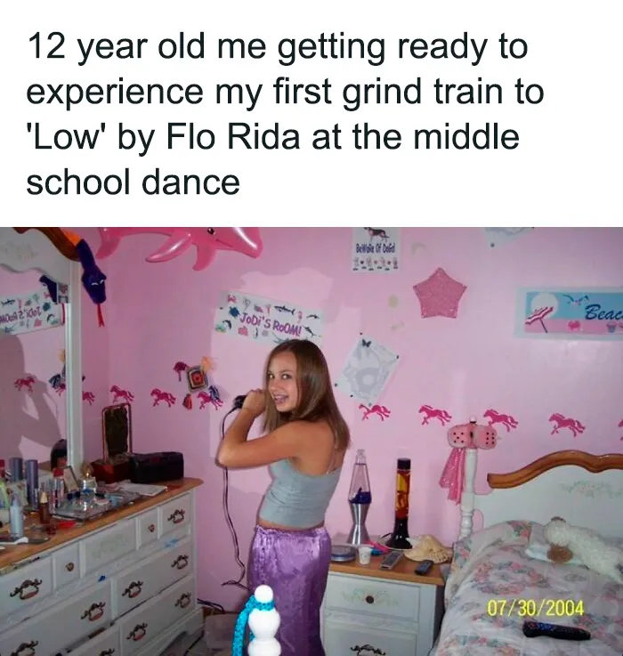 Teenager in a 2000s-themed room, preparing for a dance, embodying the era's fashion and music nostalgia.