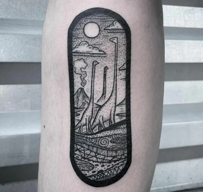 Dinosaur tattoo on arm with brachiosaurus silhouettes and landscape design.