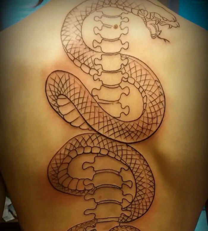 A detailed snake design as a beautiful spine tattoo on a person's back.