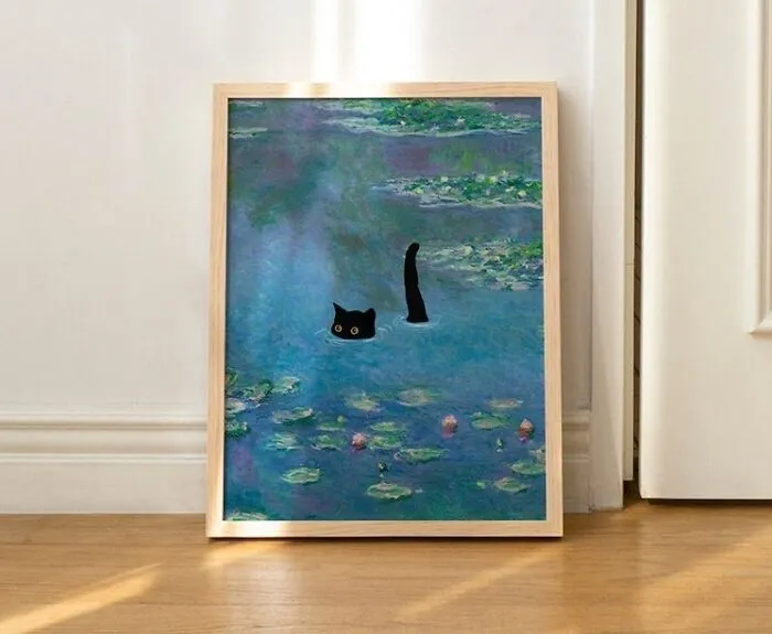 Jazz Up Your Walls With A Splash Of Art History And A Dash Of Cat Comedy. This Waterlily-Inspired Poster Isn't Just Decor, It's A Meow-Sterpiece That Ties The Room Together.