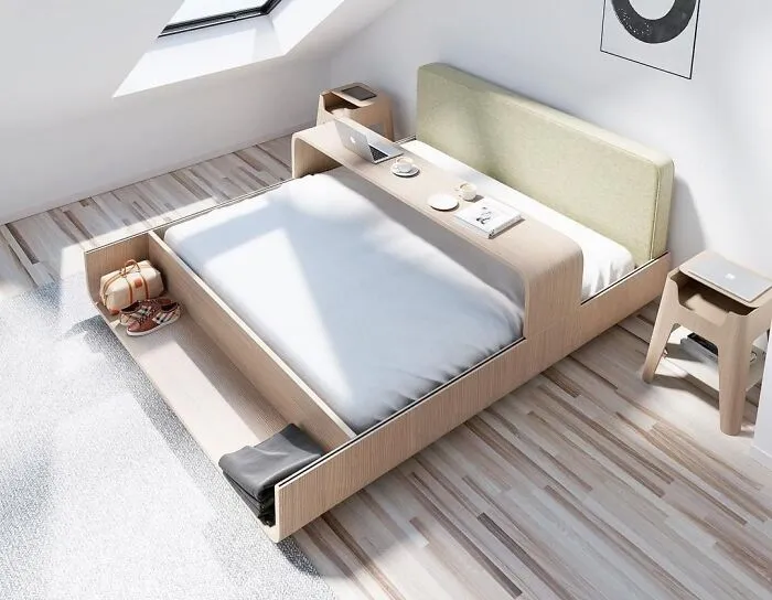 Minimalist bedroom design with integrated furniture, featuring neutral tones and clever use of space.