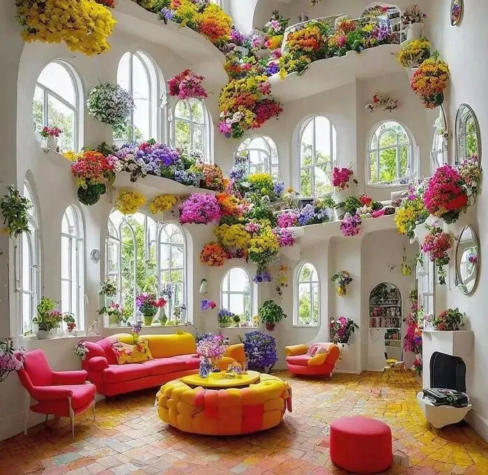 Colorful indoor garden with vibrant flowers, modern furniture, and large windows; a delightful design space.