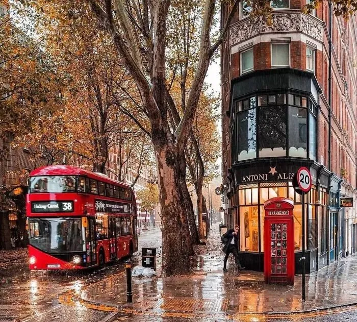 Red double-decker bus on a rainy London street, showcasing enjoyable design elements like a red phone booth.