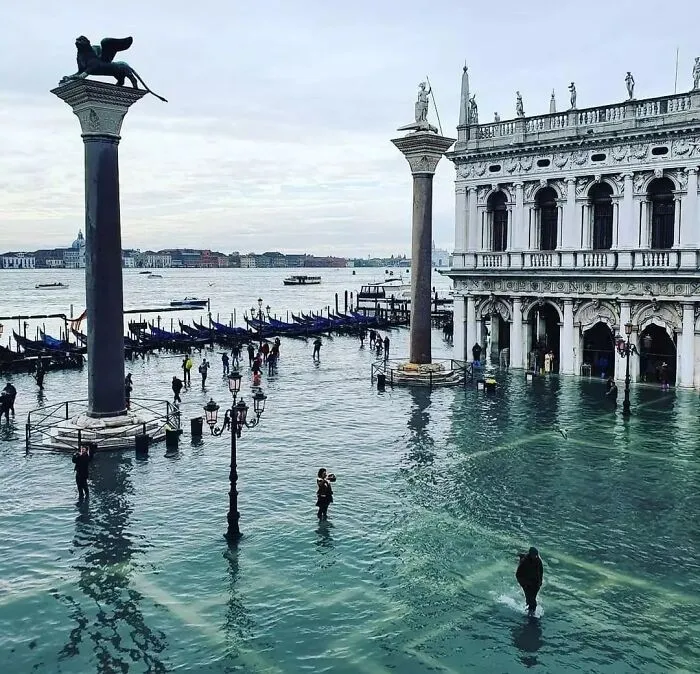Flooded square in Venice with iconic columns and a historic building, featured on Call It Design Instagram for its enjoyable visuals.