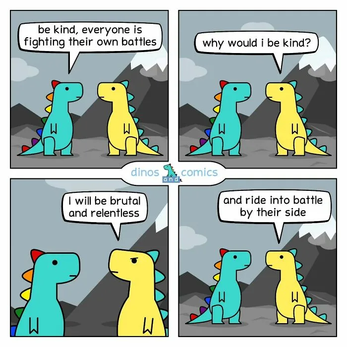 Humorous mental health comic about dinosaurs showing kindness and support during battles.