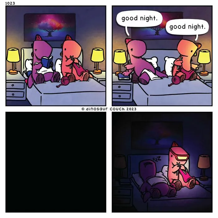 A mental health comic showing two dinosaurs in bed, one reading, then sleeping with a nightlight on.
