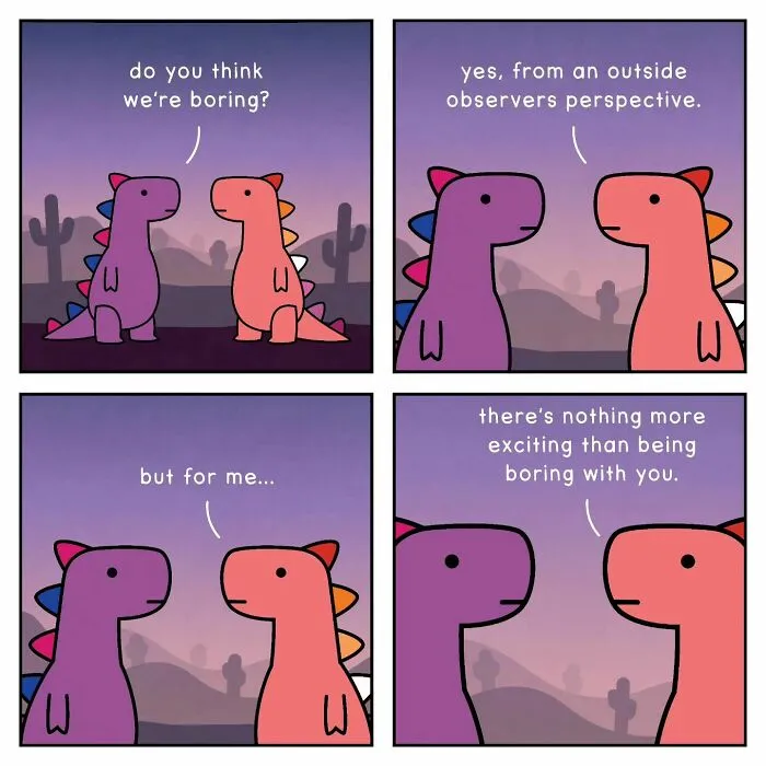 A Dinosaur Couch comic about mental health where two dinosaurs discuss being boring, concluding that being boring together is exciting.