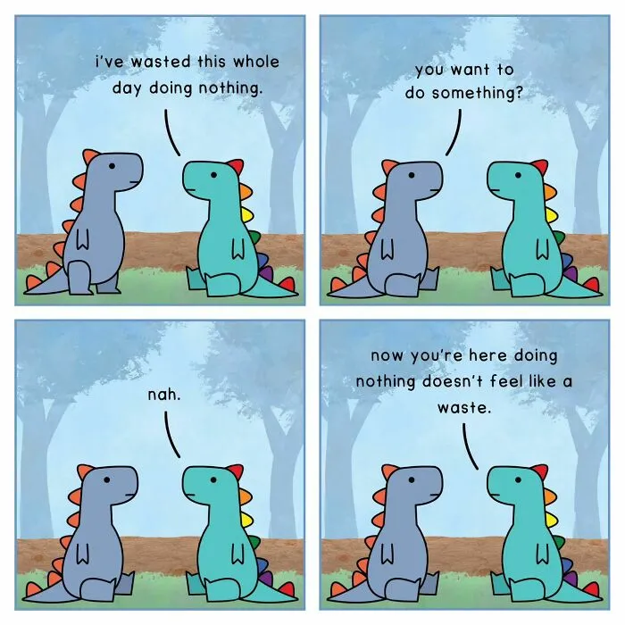 Insightful comics about mental health: two dinosaurs sitting, finding comfort in doing nothing together.