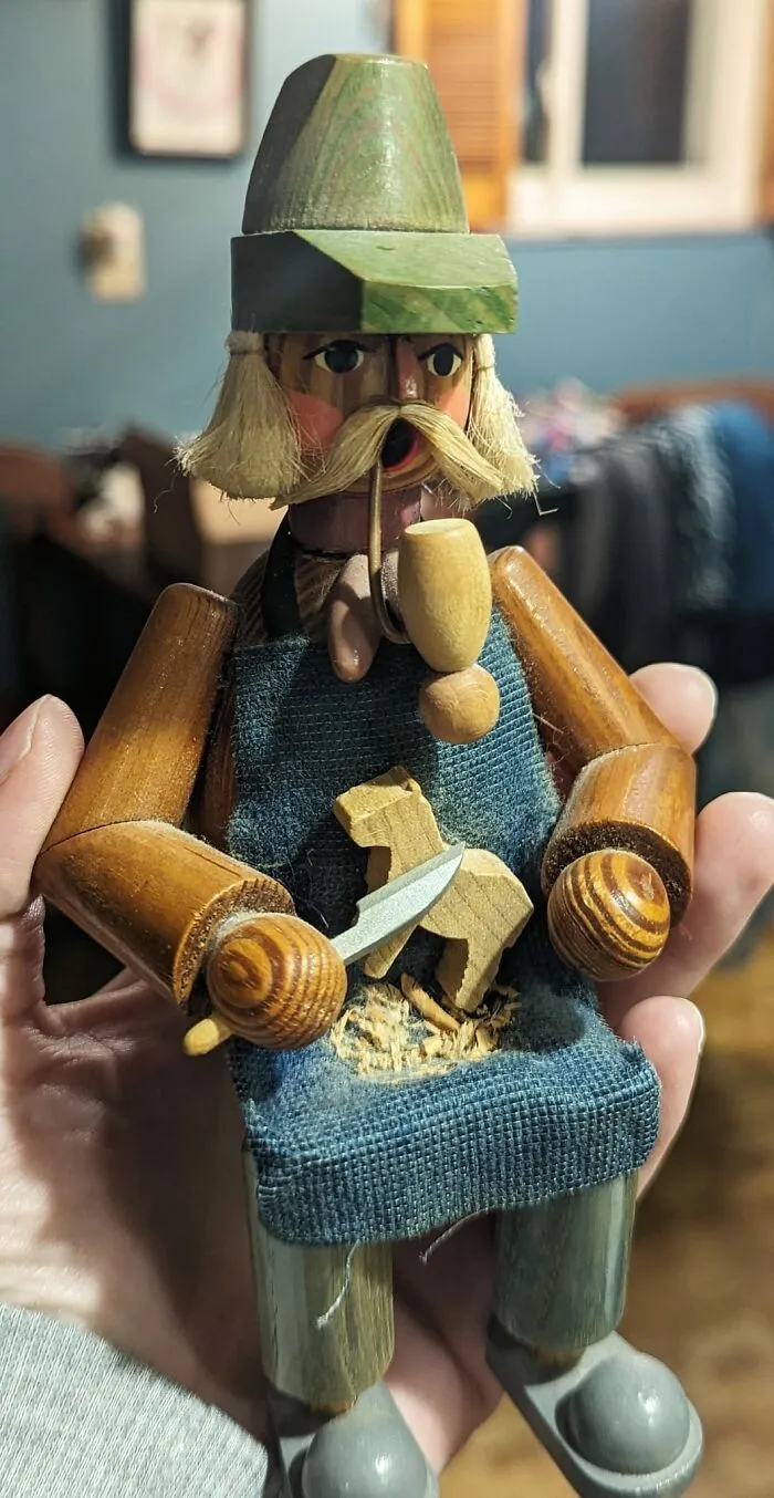 After Work, I Went Into A Goodwill I Don't Normally Stop In. I Think I Went Because This Toymaker Was Calling Out To Me.  I Picked Him Up And Looked Him Over In Awe. He Was Wrapped In Tape, Which I Was Confused By. I Mean, Obviously, I Was Going To Get Him Either Way Because Just Look At Him, But What Was His Purpose? Finally, On The Bottom, I Found A Handwritten Sticker That Explained He Is An Incense Burner. You Lift Him Up Off His Bench And Place A Cone Incense There And His Mouth/Pipe Will Smoke.  There Is No Indication Of A Company Or Date This Amazing Object Was Made. I'm Not Sure If He Is Handmade And Unique Or What Era He Is From. All I Know Is This Is The Best $6 I've Spent In A Very Long Time.  I Haven't Put An Incense In Him Yet. I Will Update When I Make Sure I Have Cones.  Merry Christmas To Me. 💨
