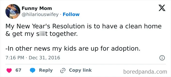Screenshot of a funny tweet about New Year's resolutions humorously mentioning a clean home and kids up for adoption.