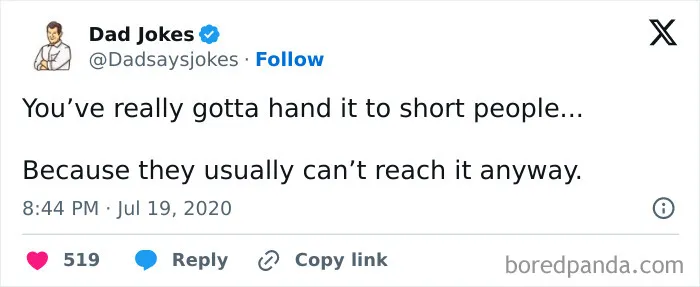 Dad joke about short people, humorously playing on the idea of reaching, shared by Dad Jokes account.