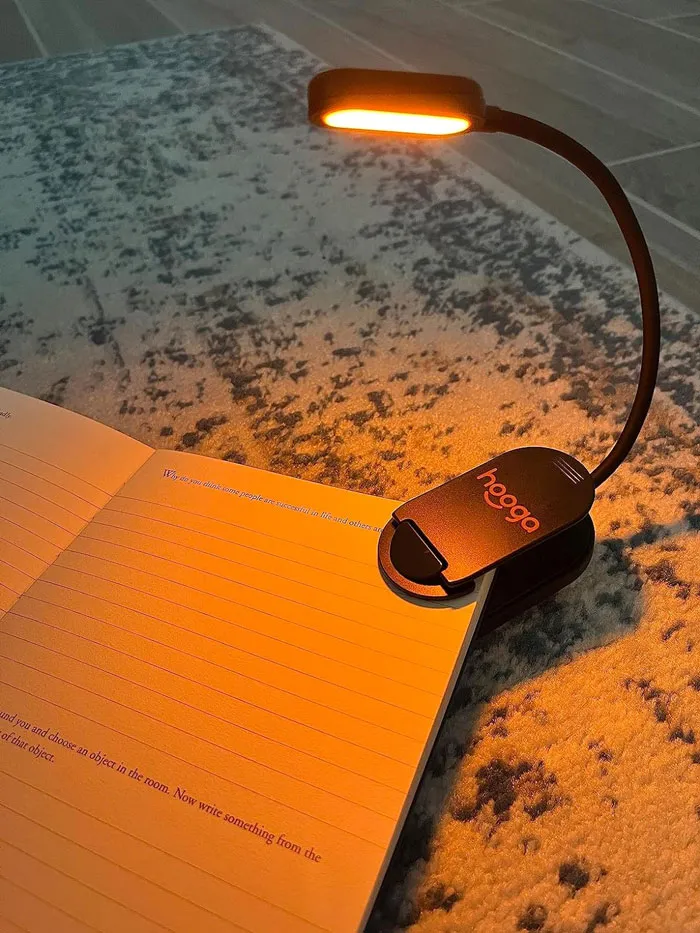 An open notebook illuminated by a clip-on reading light, a budget-friendly Valentine's Day gift.